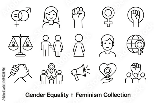 Gender equality and feminism icon set. Thin line icons for women's rights and female empowerment. Vector symbols of protest, justice, unity, and support for social issues.