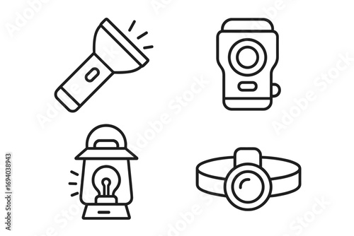 Set of camping lights line icons. Flashlight, headlamp, portable torch and lantern symbols. Outdoor hiking equipment vector graphics for web design, apps, and cards.