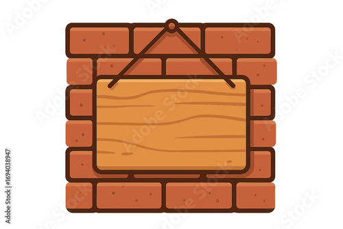 Hanging wooden sign on a brick wall. Blank wood plaque for text. Empty signboard template. Cartoon vector illustration background. Flat design element with copy space.