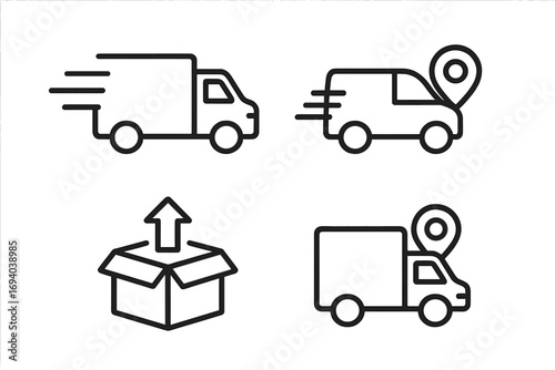 Delivery truck and van line icon set. Logistics, shipping, and transport symbols. Fast delivery, order tracking, and dispatch icons for web and apps. Editable stroke vector.