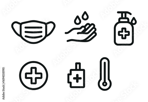 Essential health and safety icons: mask, hand sanitizer, medical supplies, and temperature