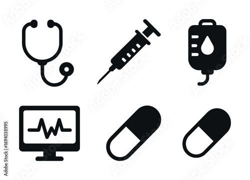 Medical equipment icons: stethoscope, syringe, iv bag, monitor, pills