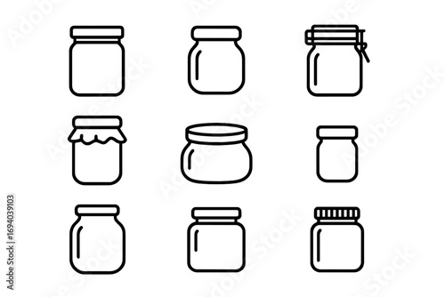 Glass jar line icon set. Collection of glassware containers for jam, honey, preserves. Vector outline symbols for canning, kitchen, food storage. Minimalist pictogram collection.