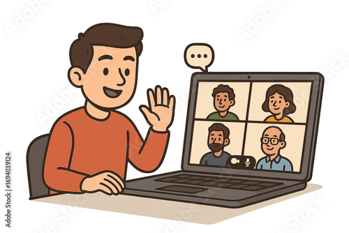 Online virtual meeting with video conference illustration, remote teamwork, digital communication, people chatting on laptop screen, video call collaboration concept, cartoon vector