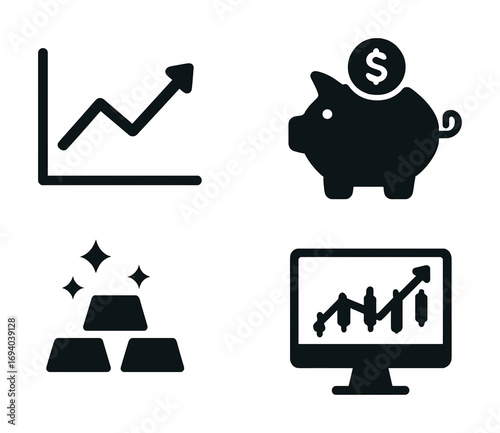 Financial growth icons: chart, piggy bank, gold bars, computer graph