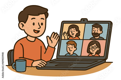 Online video conference meeting illustration, virtual teamwork discussion, group chat with diverse participants, remote communication concept, digital collaboration vector
