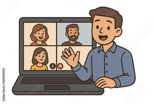 Online video meeting conference illustration, remote team communication, virtual collaboration, video call group chat, smiling people in digital workspace, cartoon vector design