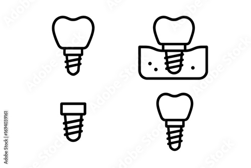 Dental implant icon set. Tooth prosthesis, stomatology concept. Dentistry line pictogram collection. Oral health care. Medical surgery procedure. Crown, root, jaw bone vector.