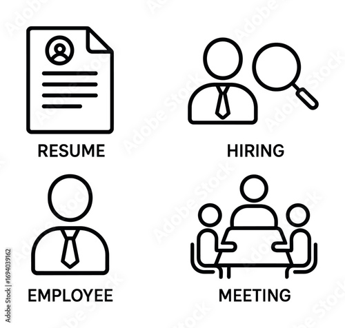 Job recruitment process: resume review, hiring, employee onboarding, and team meetings