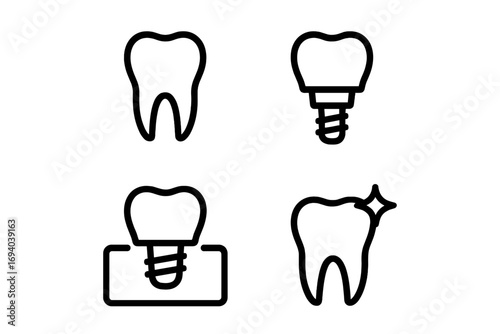 Dental implant line icon set. Dentistry and stomatology pictogram collection. Tooth restoration, clean tooth, oral care, dental surgery. For web, app, clinic logo design.