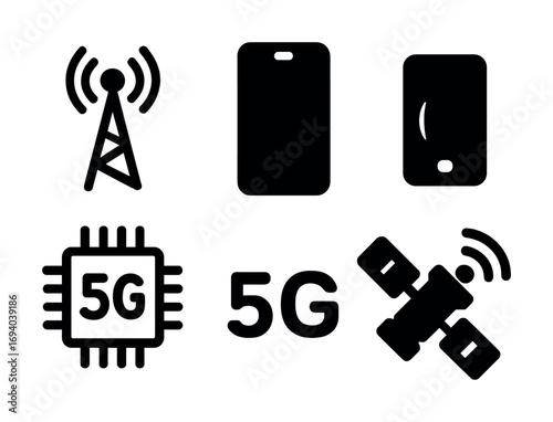 5g technology icons: antenna, smartphone, chip, satellite