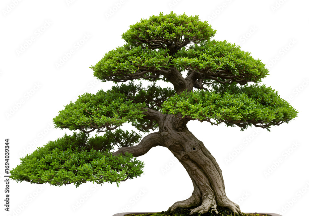 Fotobehang Bonsai Bonsai Tree Miniature Landscape Japanese Art Detailed Closeup of Lush Foliage and Ancient Trunk on transparent background #1694039344