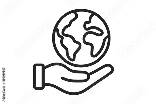 Hand holding globe outline icon. Earth day concept. Environmental protection and care. Save the planet symbol. World in hand metaphor. Ecology and nature conservation sign.