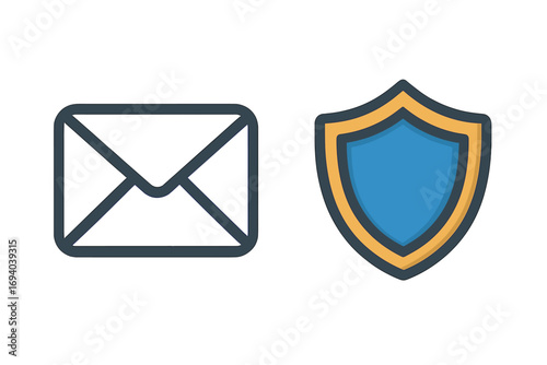 Email security and secure message concept. Mail with shield icon for data protection. Vector for web interface, spam filter, antivirus software, and cybersecurity.