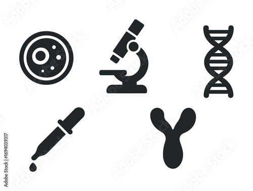 Science icons: microscope, dna, petri dish, pipette, chromosome