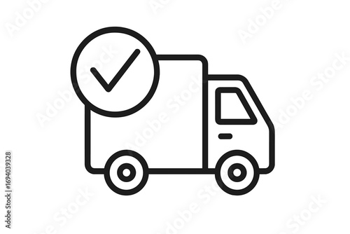 Delivery truck with check mark icon. Successful shipping and logistics concept. Freight transport vehicle with confirmed and approved order. Fast delivery service symbol.