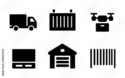 Silhouette icons: truck, cargo container, drone, warehouse, pallet, gate