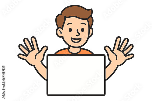 Cartoon boy holding blank sign. Smiling man shows empty white board. Character for presentation, announcement, advertising. Your text here. Placeholder message. Vector.