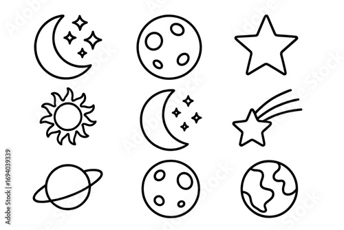 Celestial bodies icon set. Space objects line art collection. Sun, moon phases, planet earth, saturn, stars, comet. Astronomy and astrology symbols. Editable stroke vector.