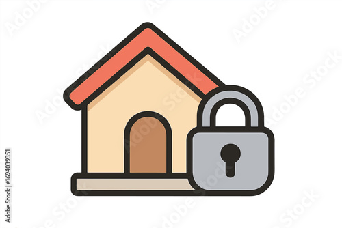 Home security icon with house and padlock. Concept of property protection, safety, and real estate insurance. Vector cartoon for web, app. Private access, closed system.