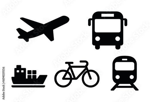 Silhouette icons of airplane, bus, ship, bicycle, and train transportation modes