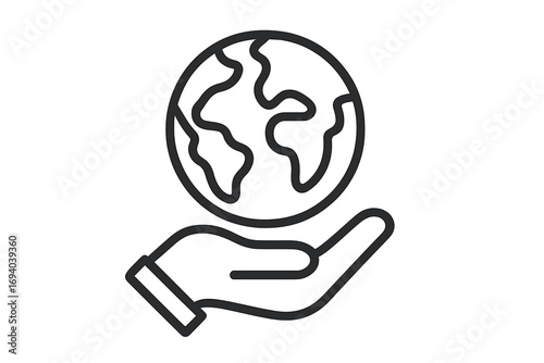 Earth in hand line icon. Globe care and protection symbol. Save the planet concept. World environment day. Global ecology and sustainability metaphor. Vector outline illustration.