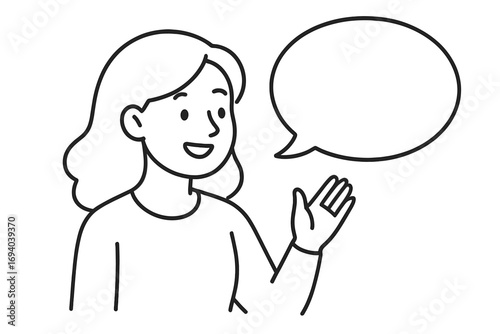 Young woman speaking with speech bubble. Girl talking, character communication. Person waving hand gesture. Concept for presentation, message, opinion, dialogue, conversation.
