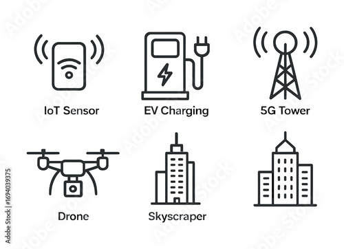 Smart city technology icons: iot sensor, ev charging, 5g tower, drone, skyscraper