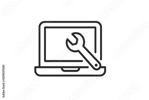 Laptop repair, computer service icon. IT technical support symbol. Vector concept for device maintenance, configuration, fixing hardware or software. Outline illustration.