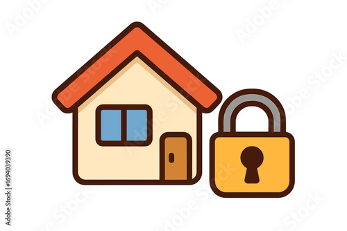 Home security icon with house and padlock. Real estate property protection, safety concept. Secure locked building sign. Vector for insurance, privacy, mortgage, web, app.
