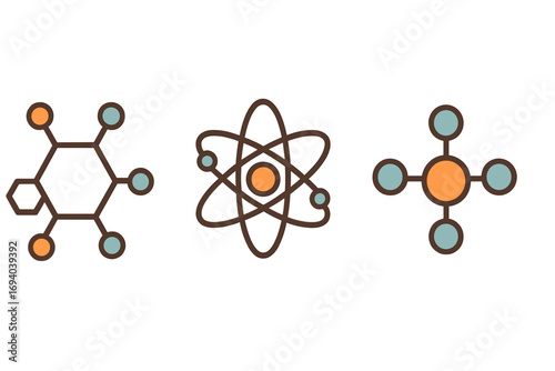 Atom, molecule, and chemical compound vector icon set. Flat line style for science, education, and research. Chemistry, physics, nucleus, and particle symbols collection.
