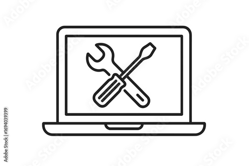Laptop repair icon. Computer service and technical support. IT help, diagnostics and maintenance concept. Notebook with wrench and screwdriver tools for fixing and setup symbol.