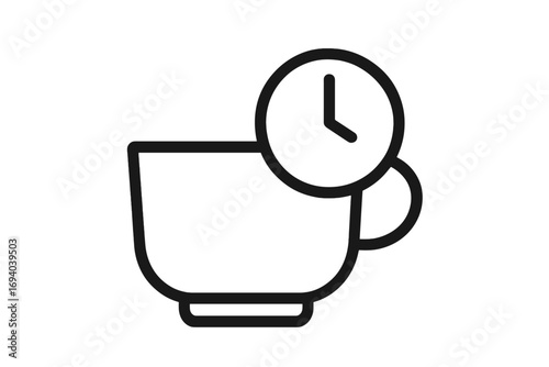Coffee break time icon. Tea cup with clock symbol. Morning routine, deadline concept. Minimal outline vector illustration. Work life balance metaphor. Office productivity sign.