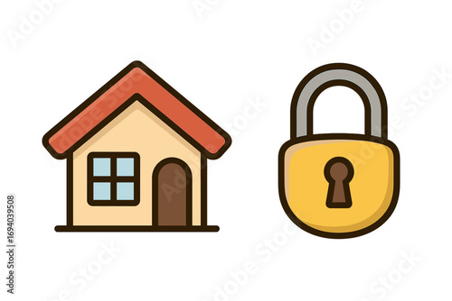 Home security vector icon set with house and padlock. Concept for property safety, real estate insurance, privacy, and protection. Simple cartoon graphic symbol for web.