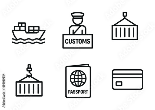 Icons of customs, shipping, and travel: cargo ship, customs officer, shipping container, passport, credit card