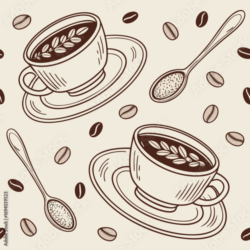 Hand-drawn sketch of coffee cups with spoons and beans, perfect for cafe decor and beverage themes