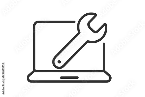 Laptop repair thin line icon. Computer service and maintenance symbol. IT technical support and diagnostics concept. Vector outline illustration for web, graphic design, app.