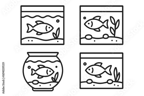 Fish in aquarium and fishbowl line icon set. Minimalist linear pictograms. Vector outline symbols for web and graphic design. Aquatic pet in water tank collection.