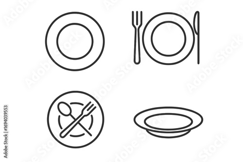 Plate with fork and knife line icon set. Dining, restaurant and food concept. Simple tableware, dishware and cutlery pictograms for web, graphic design, apps, ui, ux. Vector