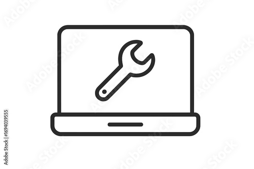Laptop repair service icon. Computer technical support. PC maintenance. Troubleshooting concept. Diagnostic and configuration. Fix settings. Wrench tool on notebook screen.