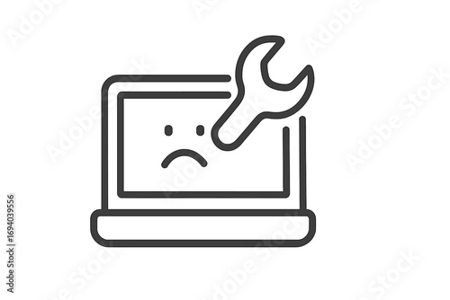 Laptop repair service icon. Computer maintenance and tech support concept. Broken notebook with sad face pictogram. Fixing hardware error symbol. Wrench tool for electronic device.