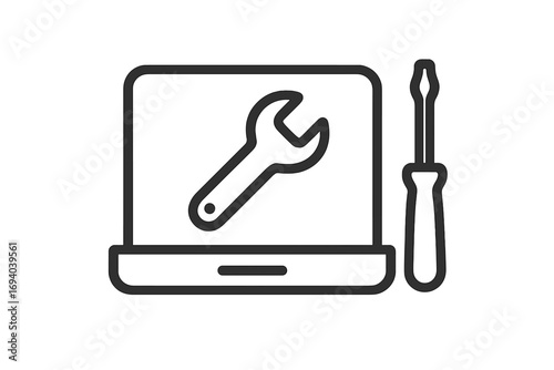 Laptop repair service line icon. Computer maintenance and tech support concept. Wrench and screwdriver tools for fixing notebook. IT help and configuration settings symbol.