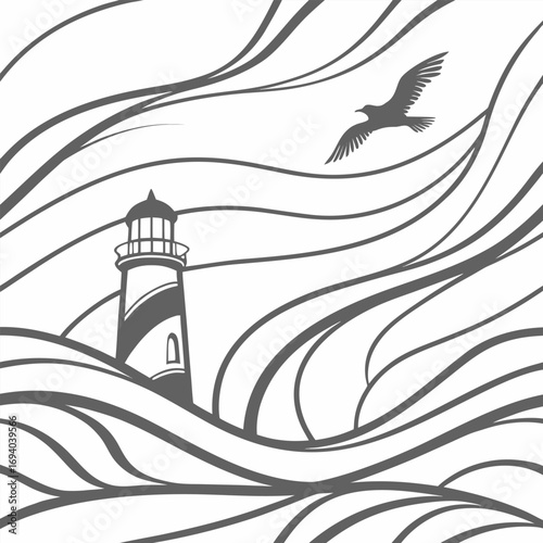 Nautical lighthouse on a stormy sea with a soaring seagull, illustration of a beacon guiding ships