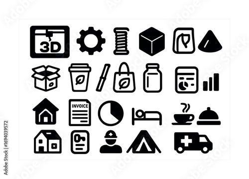Collection of black icon illustrations on white background featuring assorted everyday items
