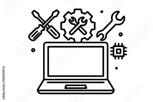 Laptop repair service icon. Computer hardware maintenance and tech support. IT help desk symbol for diagnostics and fixing. Vector outline illustration with tools like gear, wrench.