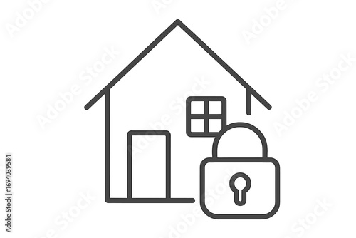 Home security system icon with house and lock. Property protection and safety concept. Real estate insurance symbol. Secure building with padlock. Line vector illustration.
