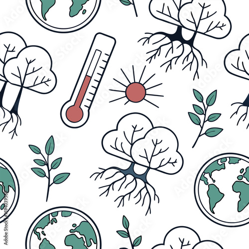 Seamless pattern of environmental icons representing global warming and nature's resilience