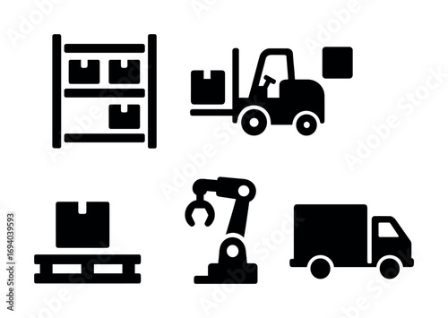 Warehouse icons: forklift, shelves, truck, robot arm, pallet graphics