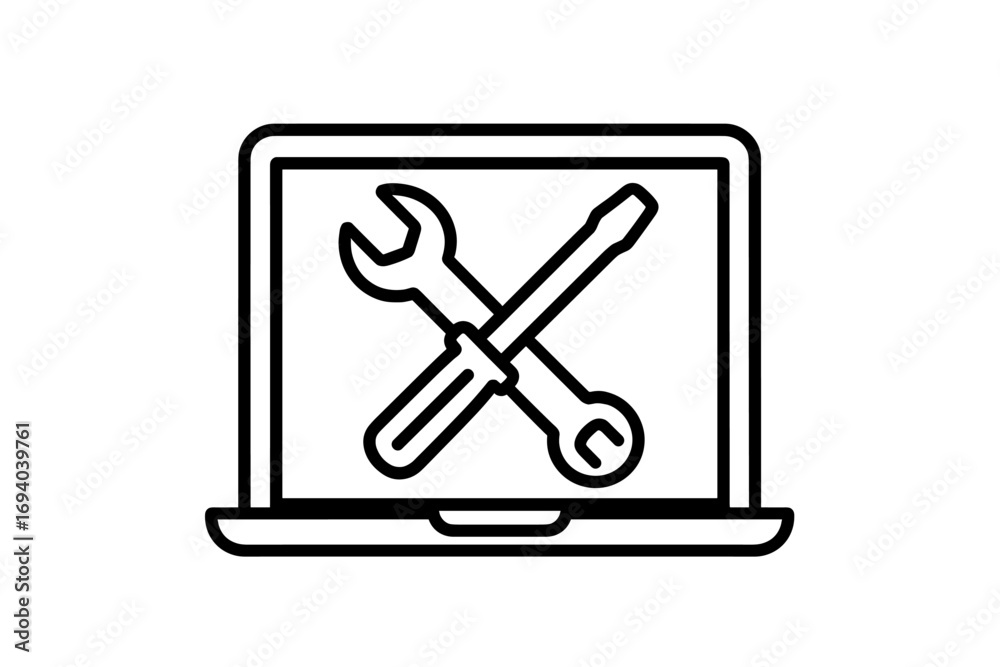 Laptop repair icon, computer service symbol. Technical support, pc maintenance concept. IT help desk with wrench and screwdriver tools for fixing, configuration and setup.