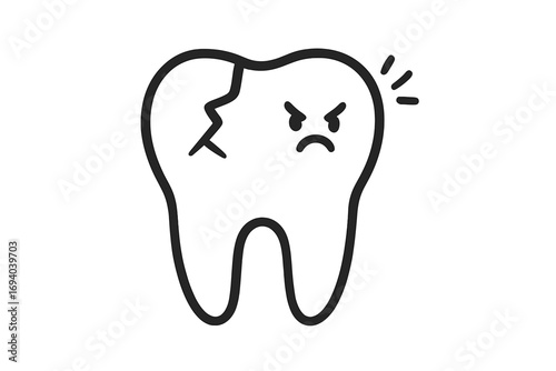 Cracked tooth with sad angry face icon. Toothache, dental problem concept. Unhealthy broken molar with caries or decay. Sensitive tooth pain, pulpitis metaphor cartoon.